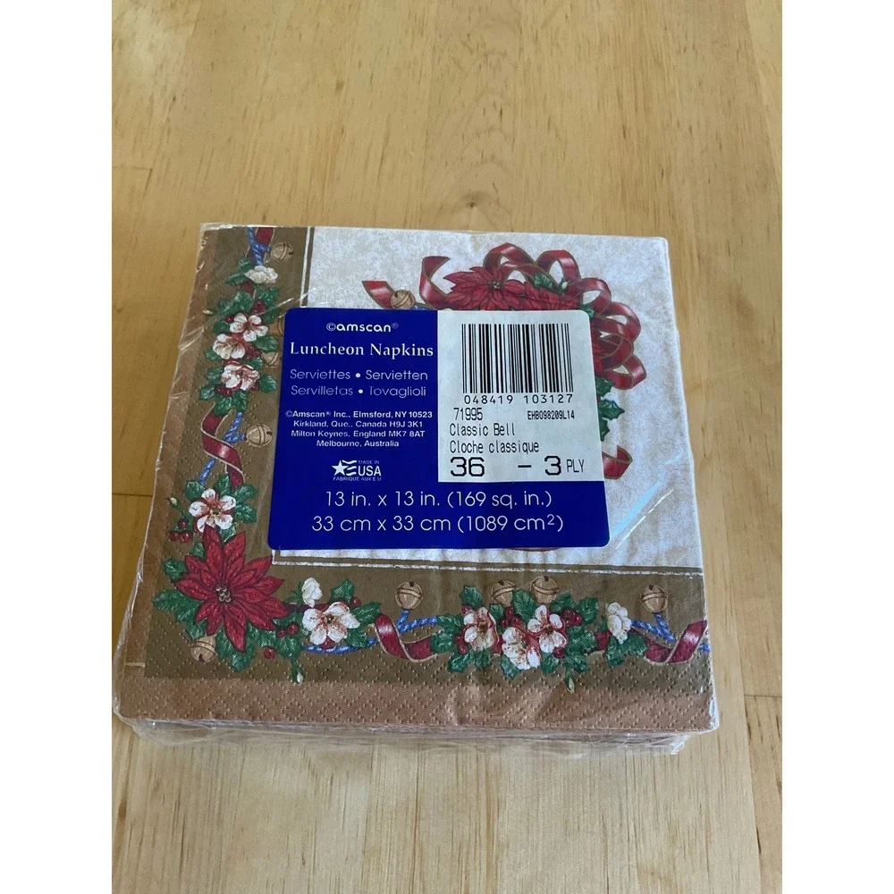 Amscan Classic Bell Christmas Luncheon Napkins 36 Count 3-Ply Holiday Poinsettia
